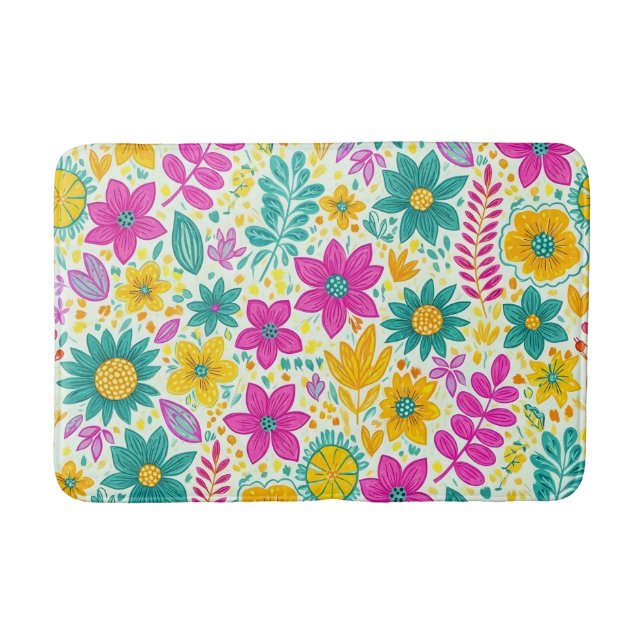 Retro Floral Pattern Vibrant Colourful Daisy Flowe Bath Mat (Front)