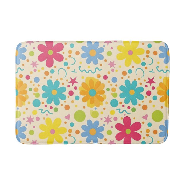 Retro Floral Pattern Vibrant Colourful Daisy Flowe Bath Mat (Front)