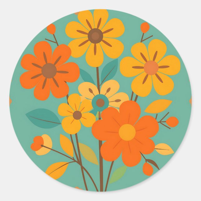 Retro Floral Pattern with Abstract Shapes in Warm  Classic Round Sticker (Front)