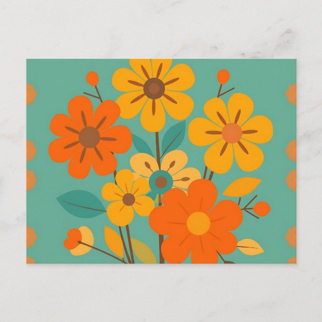 Retro Floral Pattern with Abstract Shapes in Warm  Postcard (Front)
