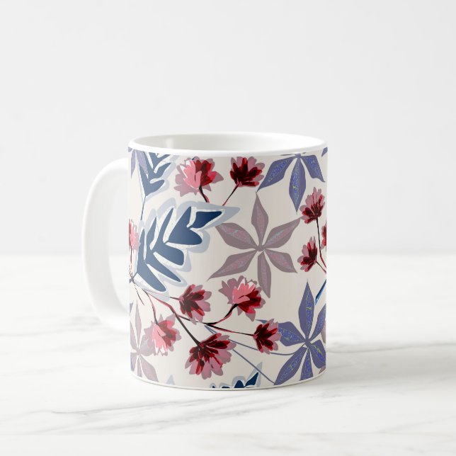 Retro floral pattern with pink, burgundy flowers coffee mug (Front Left)