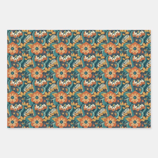 Retro Floral Pattern Wrapping Paper Sheet (Front)