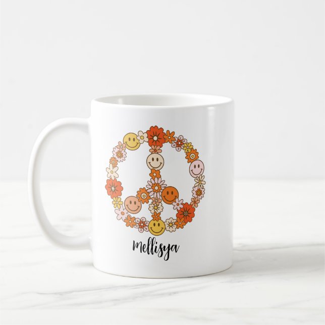 Retro Floral Peace and Kindness Coffee Mug (Left)