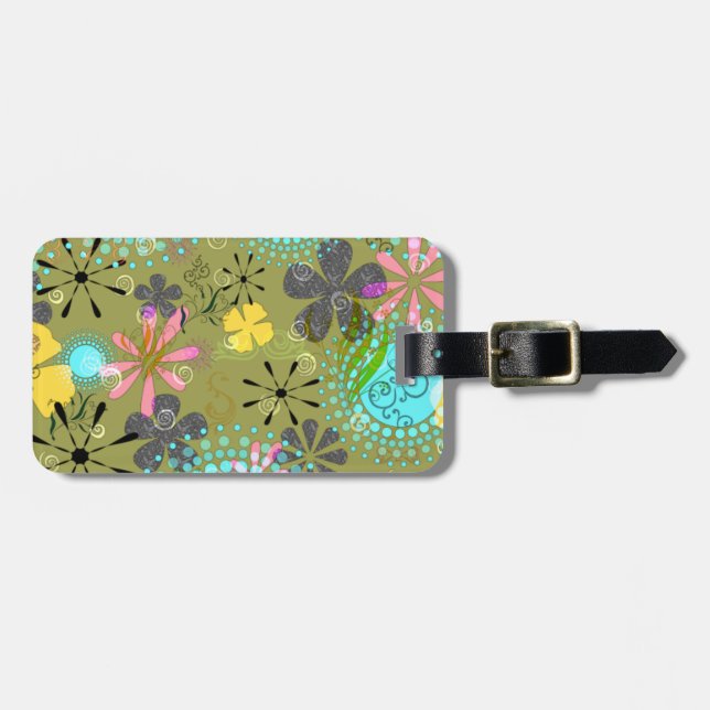 Retro Floral Personalised Luggage Tag (Front Horizontal)