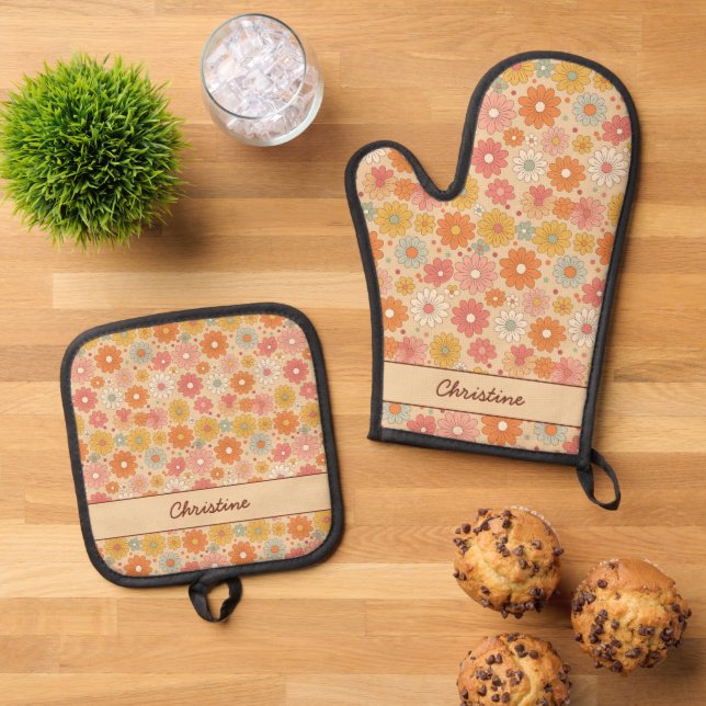 Retro Floral Personalised Monogram Oven Mitt & Pot Holder Set (Top Down)
