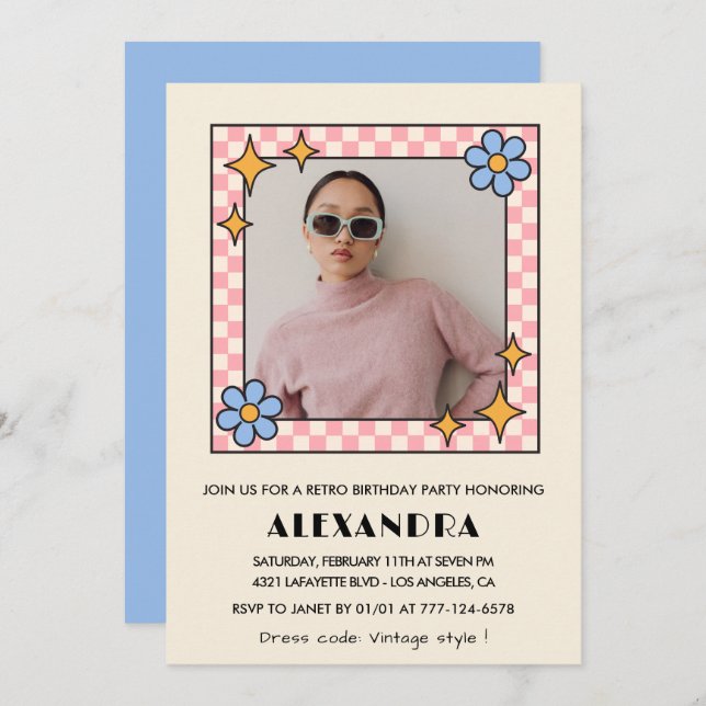 Retro  Floral Photo 39th birthday invitation Blue (Front/Back)