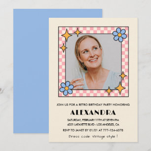 Retro  Floral Photo 42nd birthday invitation Blue