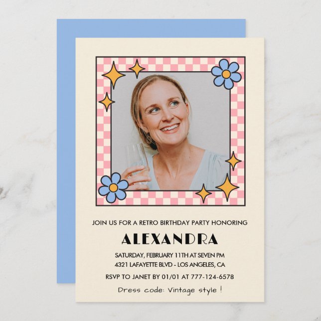 Retro  Floral Photo 54th birthday invitation Blue (Front/Back)