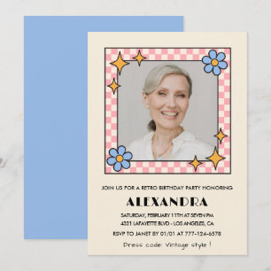 Retro  Floral Photo 74th birthday invitation Blue
