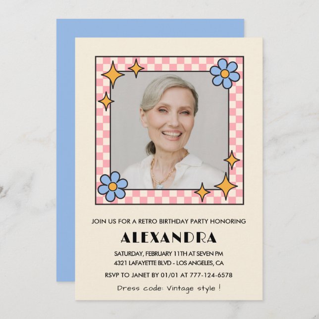 Retro  Floral Photo 79th birthday invitation Blue (Front/Back)