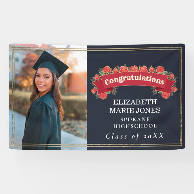 Retro Floral Photo Graduation Party Invitation Banner (Horizontal)