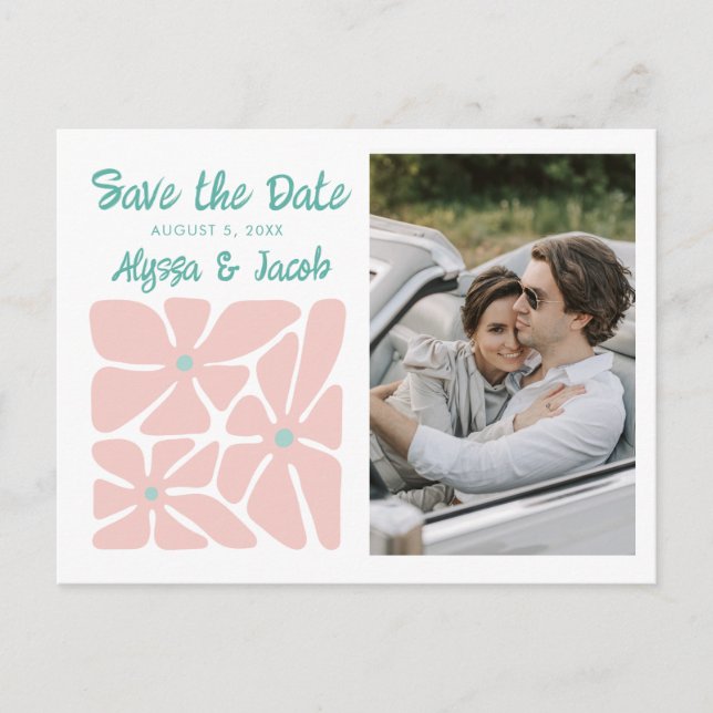 Retro Floral Photo Wedding Save the Date Postcard (Front)