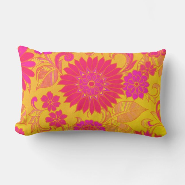 Retro Floral Pink and Yellow Lumbar Cushion (Front)