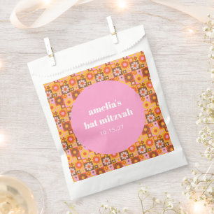 Retro Floral Pink Orange Bat Mitzvah Custom Name Favour Bags