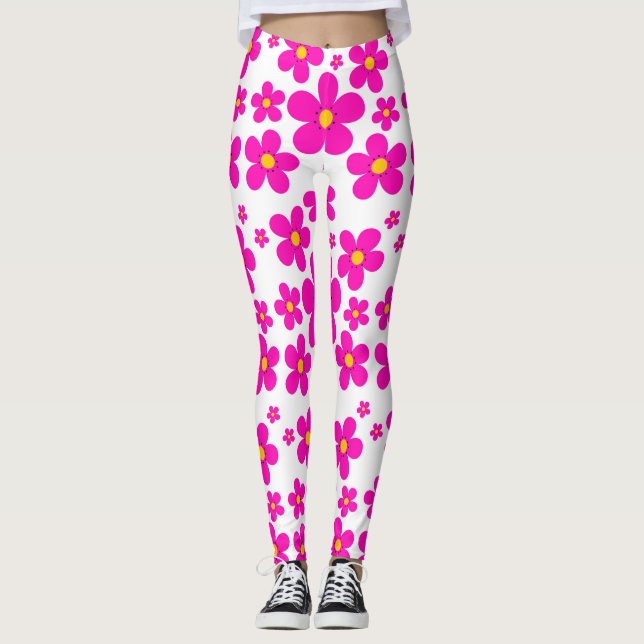 Retro floral pink pattern leggings (Front)