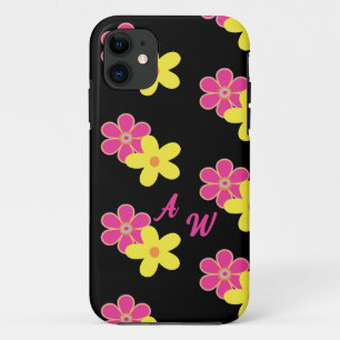 Retro Floral Pink Yellow & Black Personalised  iPhone 11 Case
