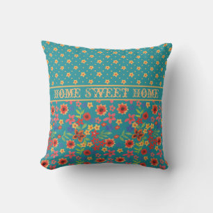 Retro Floral Prints on Teal with Home Sweet Home Cushion