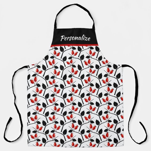 Retro Floral Rose Hips Red & Black Apron (Front)