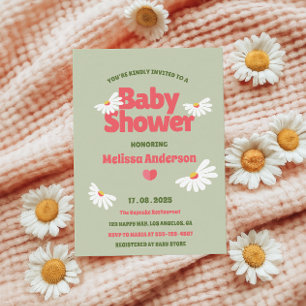 Retro Floral Sage Green Daisy Baby Shower Invitation