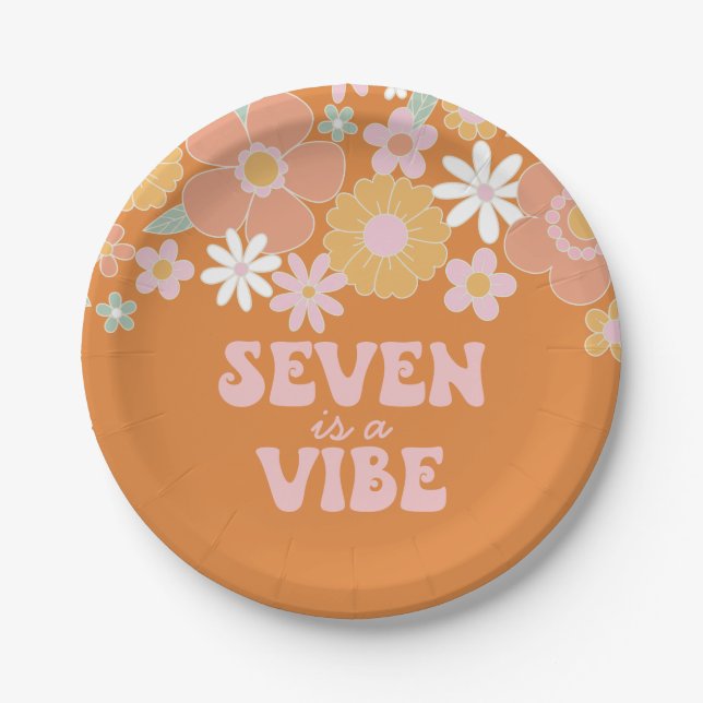 Retro Floral Seven is a Vibe 7th birthday Paper Plate (Front)