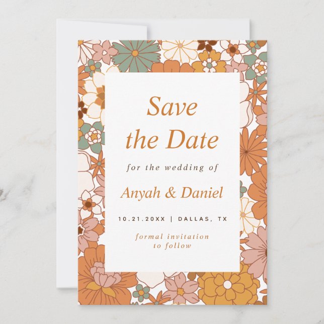 Retro Floral Simple Minimalist 60s 70s Save The Date (Front)