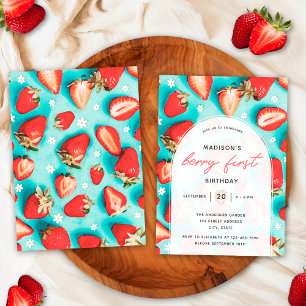 Retro Floral Strawberry Berry First Birthday Party Invitation
