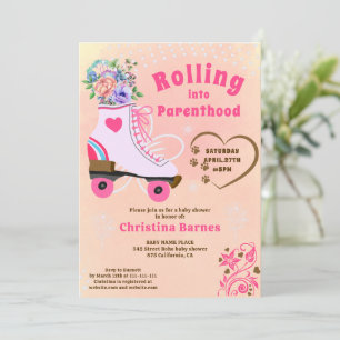 Retro floral teal roller skate boho baby shower invitation