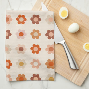 Retro Floral Terracotta Beige Tea Towel