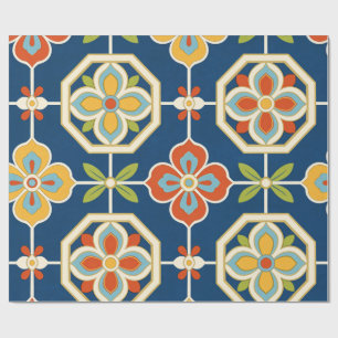 Retro Floral Tile Pattern Navy Blue Orange & Gold Wrapping Paper