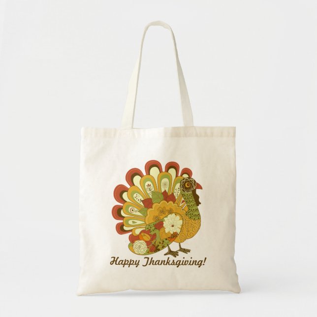 RETRO FLORAL TURKEY HAPPY THANKSGIVING FAVOR BAG (Front)