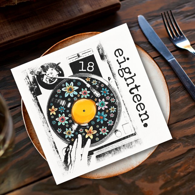 Retro Floral Turntable 18th Eighteen Birthday Napkin (Creator Uploaded)