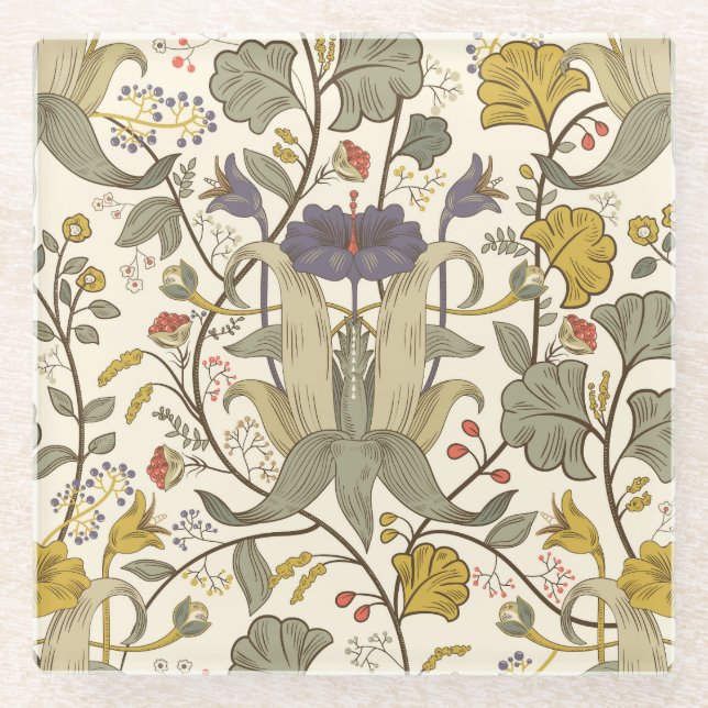Retro floral vertical seamless design. glass coaster (Front)