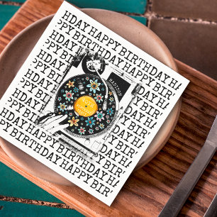 Retro Floral Vinyl Happy Birthday Personalised Napkin
