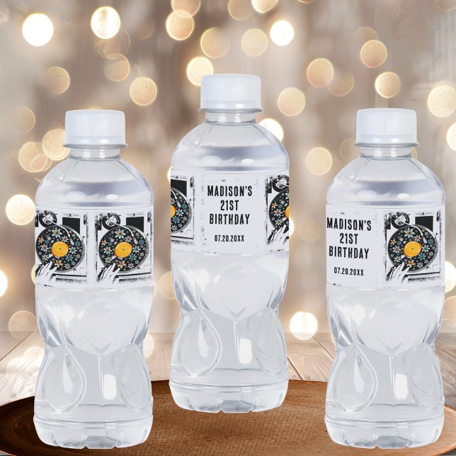 Retro Floral Vinyl Record Custom  Water Bottle Label (Creator Uploaded)