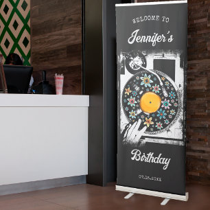 Retro Floral Vinyl Record Design Welcome Birthday Retractable Banner