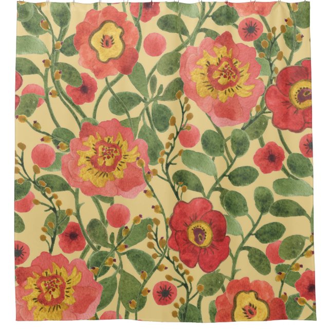 Retro Floral Watercolor: Timeless Elegance Shower Curtain (Front)