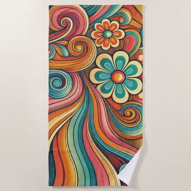 Retro Floral Waves with Sunburst Beach Towel (Front)