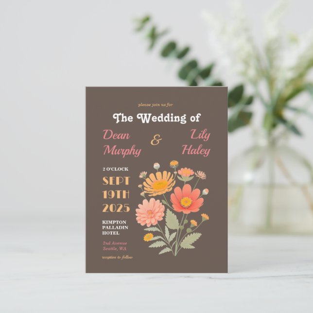 Retro Floral Wedding Invitation Postcard (Standing Front)