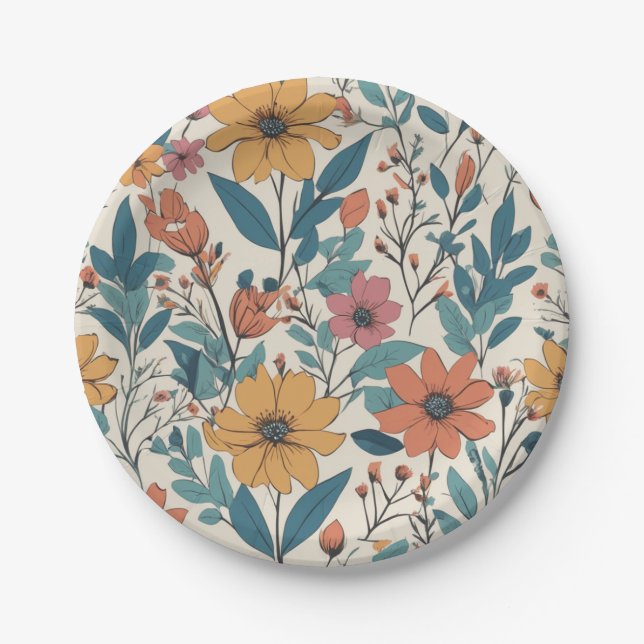 Retro Floral Wild Flower Pattern Paper Plate (Front)