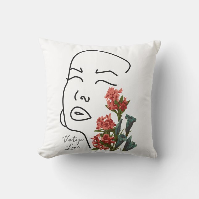 Retro floral woman face one line drawing blossom cushion (Front)