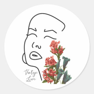 Retro floral woman face one line drawing blossom T Classic Round Sticker