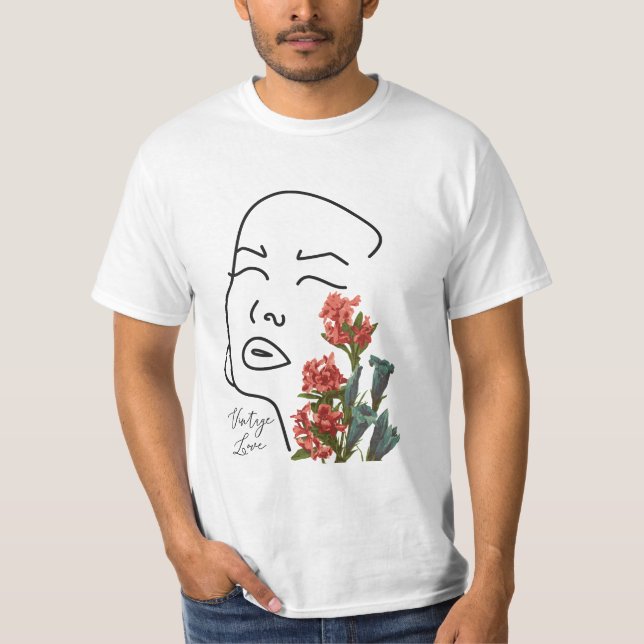 Retro floral woman face one line drawing blossom T-Shirt (Front)