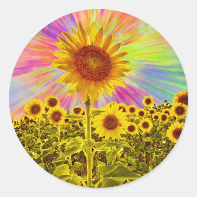 Retro Floral Yellow Sunflower Rainbow Flower Sea;s Classic Round Sticker (Front)