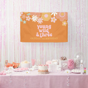 Retro Floral Young Wild three birthday Banner