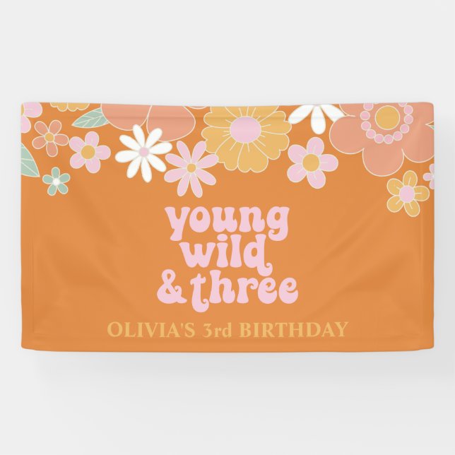 Retro Floral Young Wild Three Birthday Banner (Horizontal)