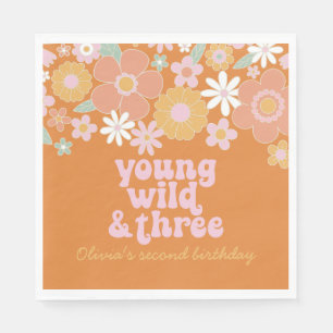 Retro Floral Young Wild Three birthday Napkins