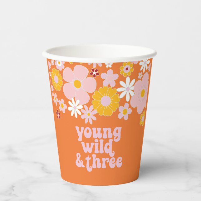 Retro Floral Young Wild Three Birthday Paper Cups (Front)