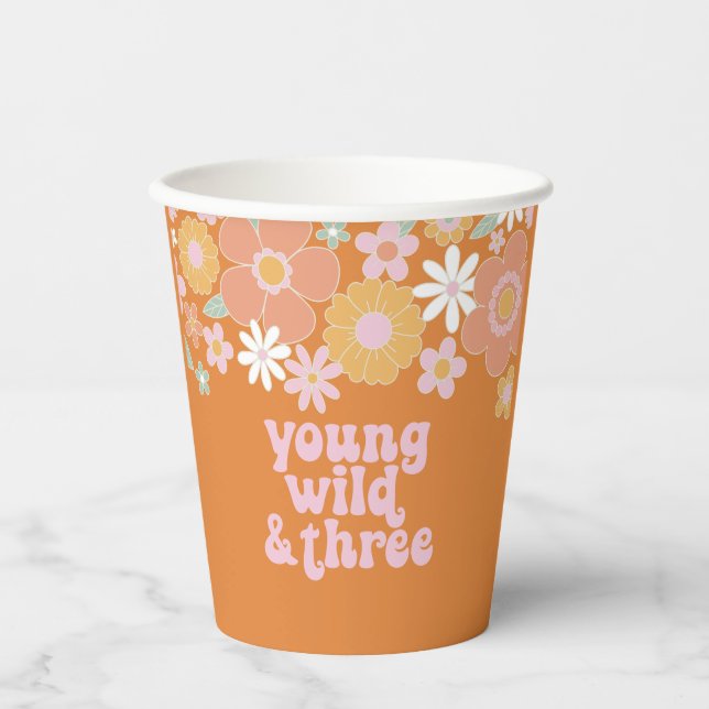 Retro Floral Young Wild Three Birthday Paper Cups (Front)