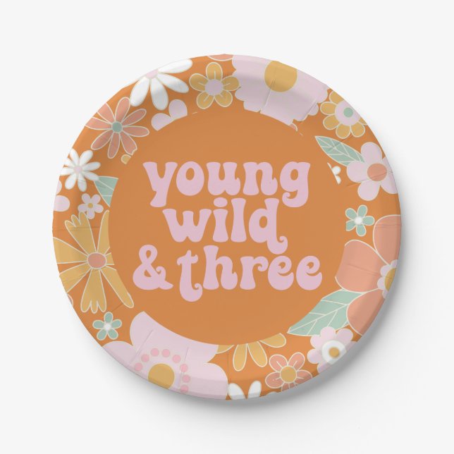 Retro Floral Young Wild Three Birthday Paper Plate (Front)