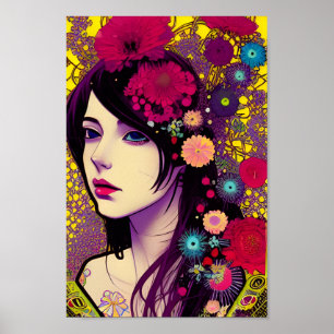 Retro FloralPunk Girl Digital Art Poster